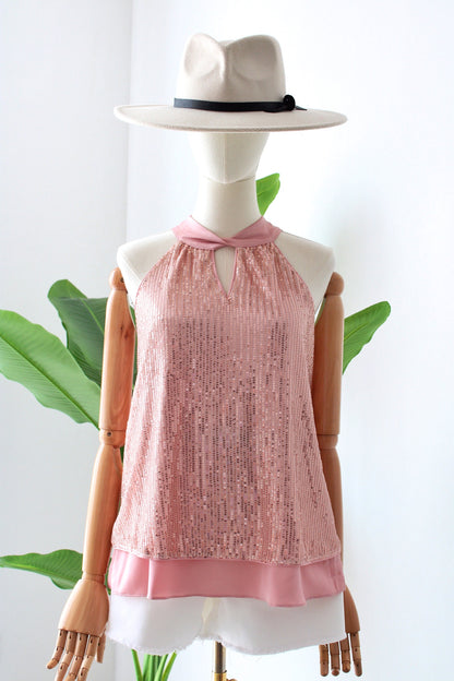 Top rosita con lentejuelas y seda, nuevo | Talla S