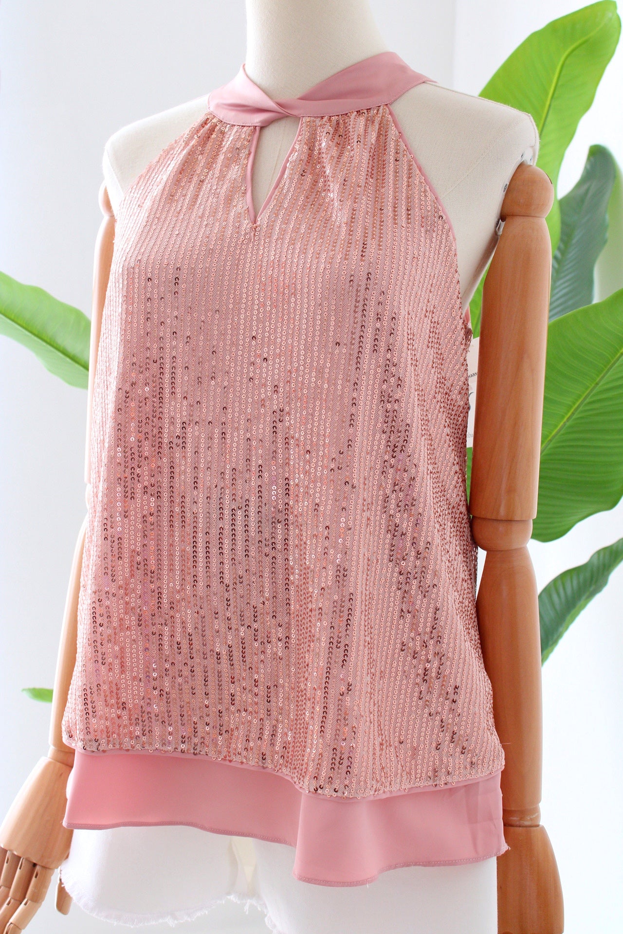 Top rosita con lentejuelas y seda, nuevo | Talla S