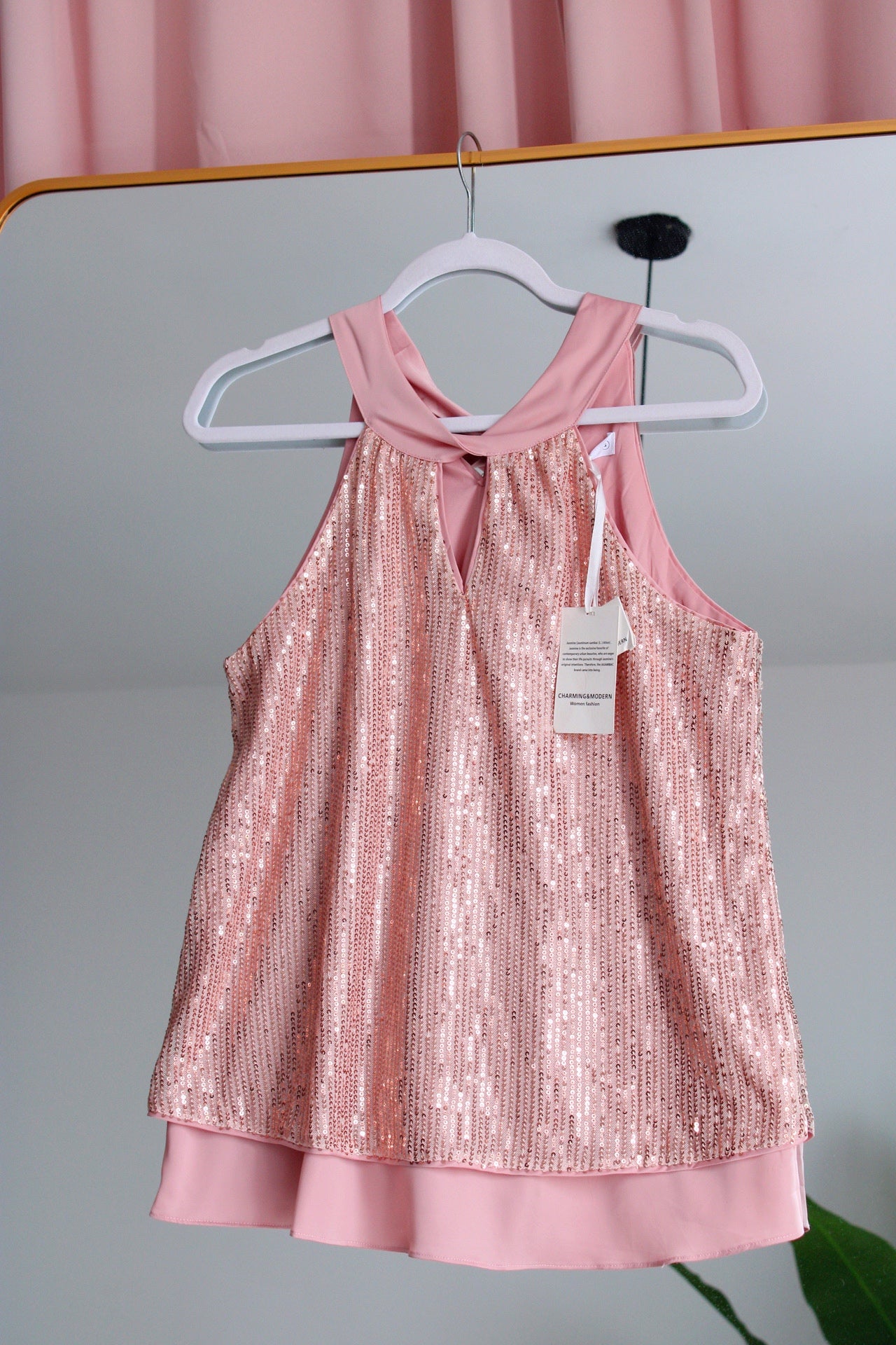 Top rosita con lentejuelas y seda, nuevo | Talla S